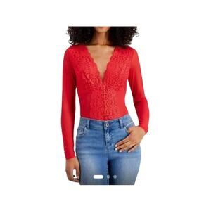 NWT INC International Concepts Sz M NOT SO BASIC Sheer Sleeve Red Bodysuit